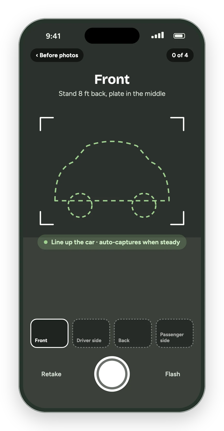 Curbswap driver app: guided camera with a car outline for each photo angle