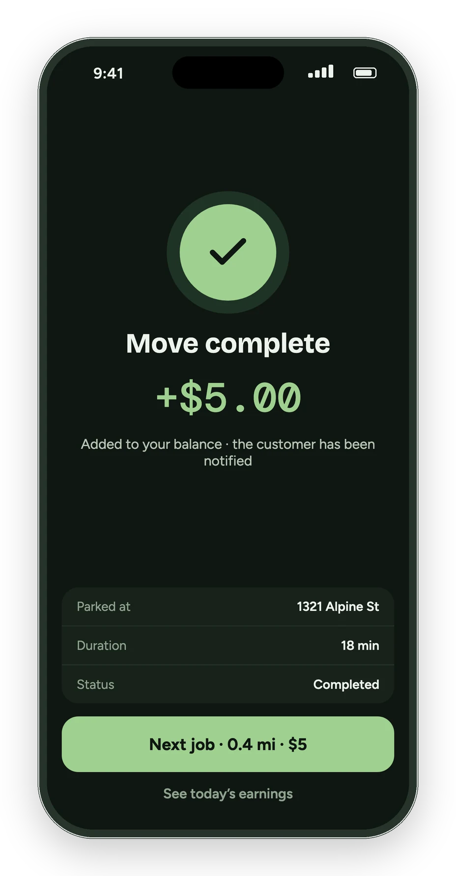 Curbswap driver app: move complete, pay added to your balance