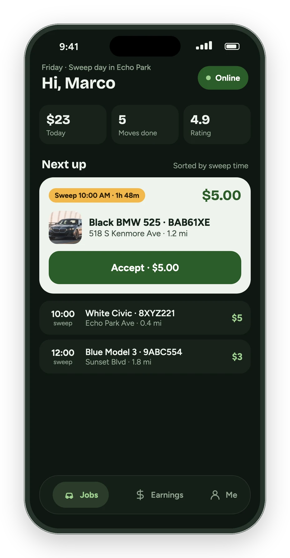 Curbswap driver app: nearby jobs sorted by sweep time with the payout shown