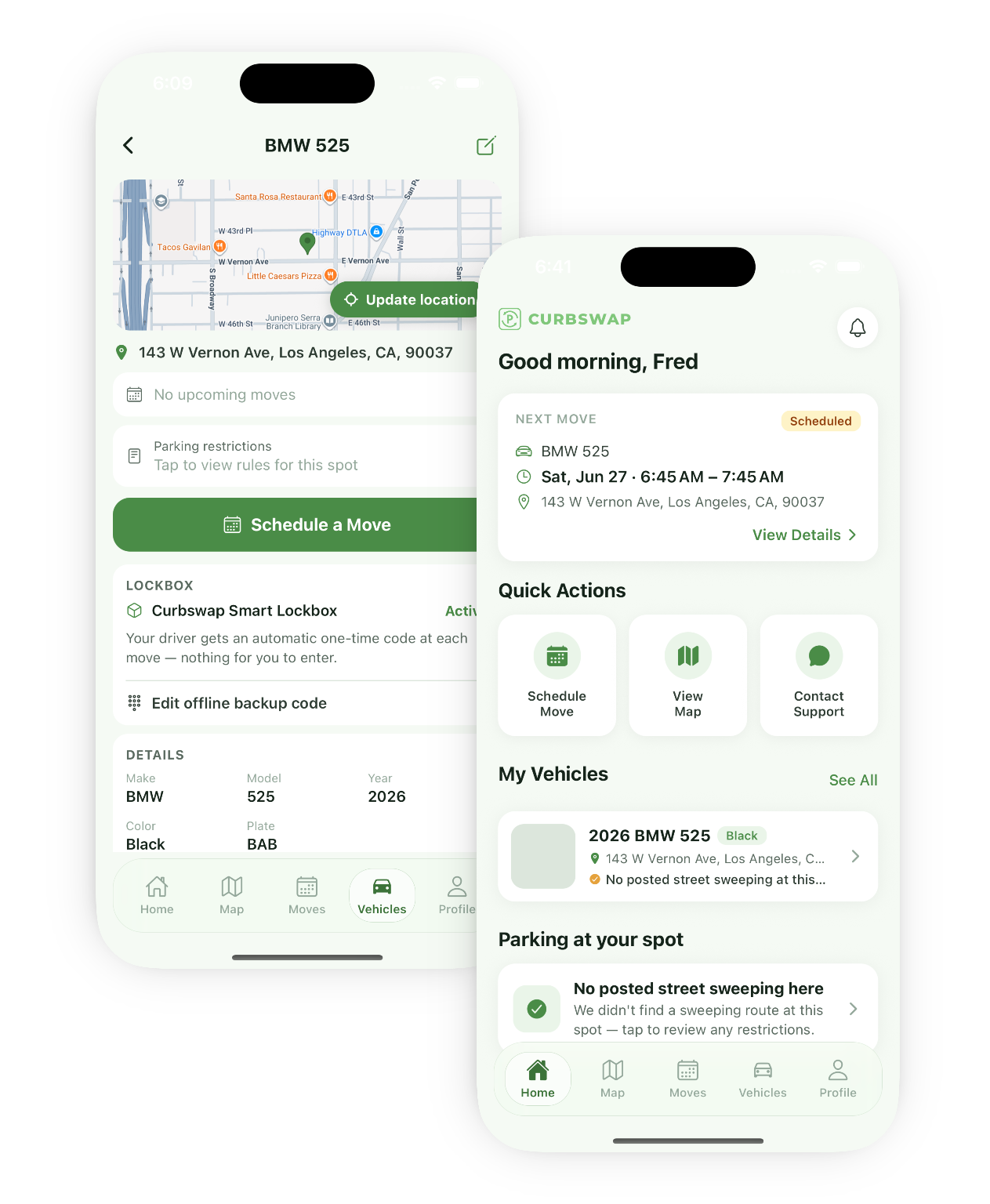 The Curbswap app — vehicle detail and home screens