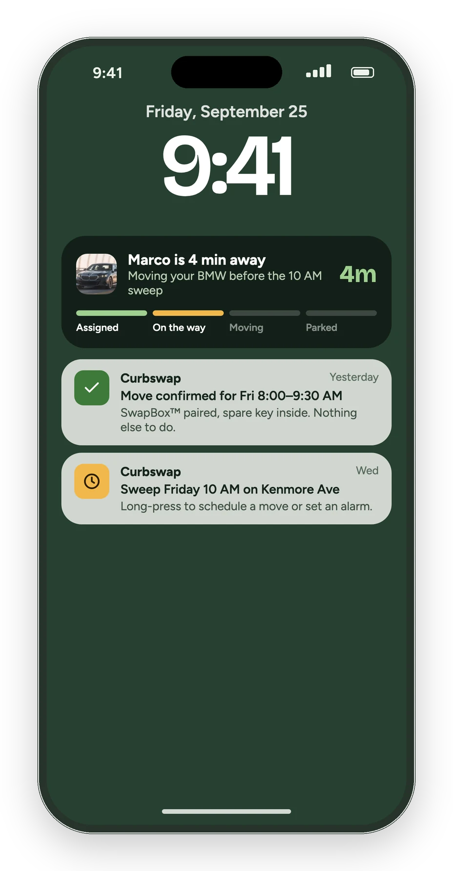 Curbswap Live Activity on the iPhone lock screen: driver 4 minutes away with Curbswap progress