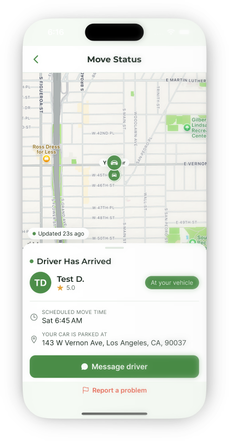 Live move status with a map and driver details