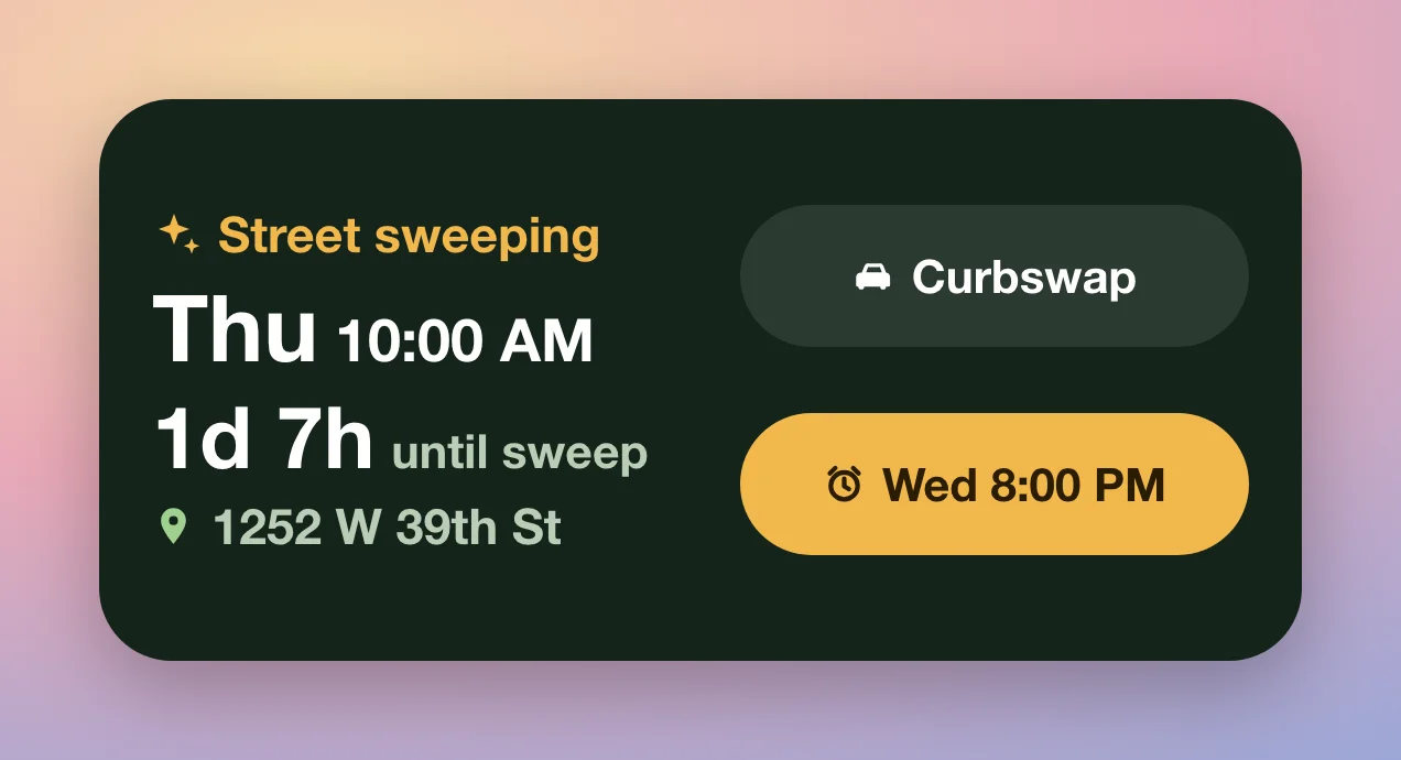 Curbswap home-screen widget: Thursday 10:00 AM street sweep with a countdown and a one-tap Set alarm button