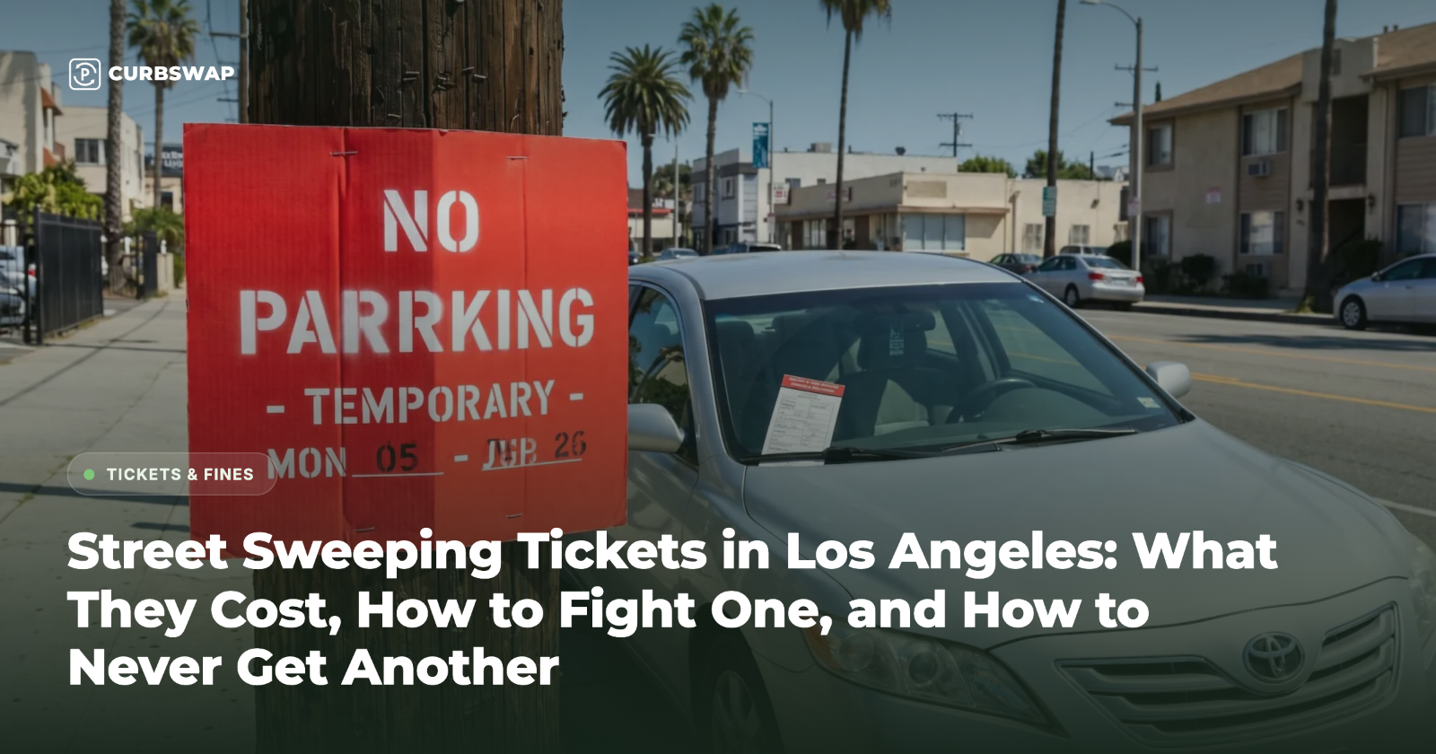 A parking ticket on a car windshield in Los Angeles