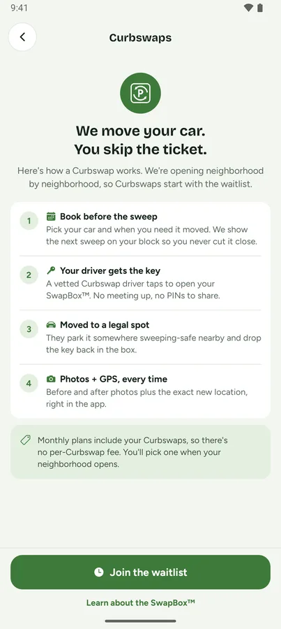 Curbswap Android app explaining how a Curbswap works in four steps, with a Join the waitlist button
