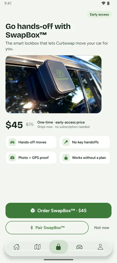 Curbswap Android app showing the SwapBox smart lockbox on a car window with its $45 early-access price