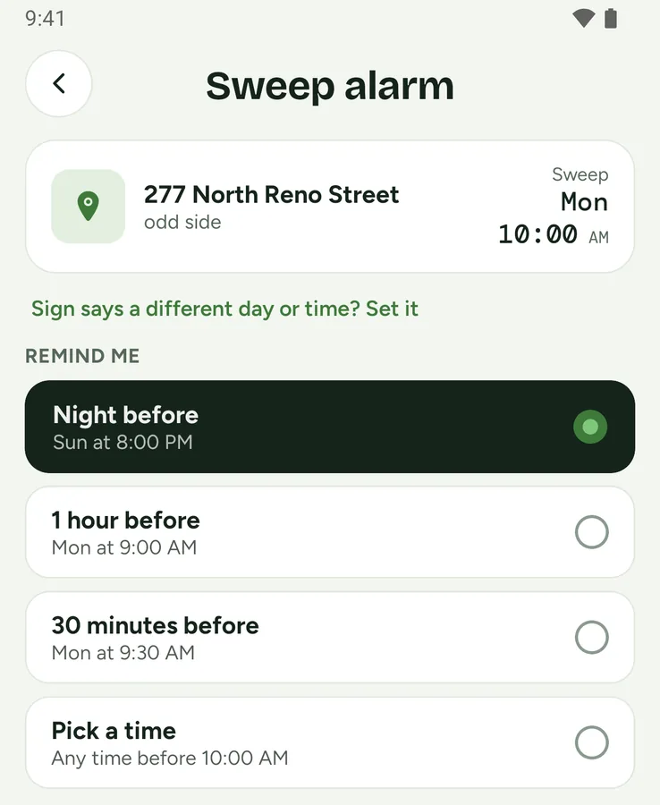 Curbswap Android sweep alarm screen with reminder options such as the night before, one hour before, and 30 minutes before