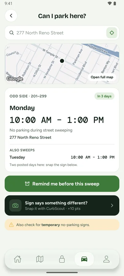 Curbswap Android app showing the street-sweeping rule for the odd side of a Los Angeles block, Monday 10 AM to 1 PM, with a Remind me button