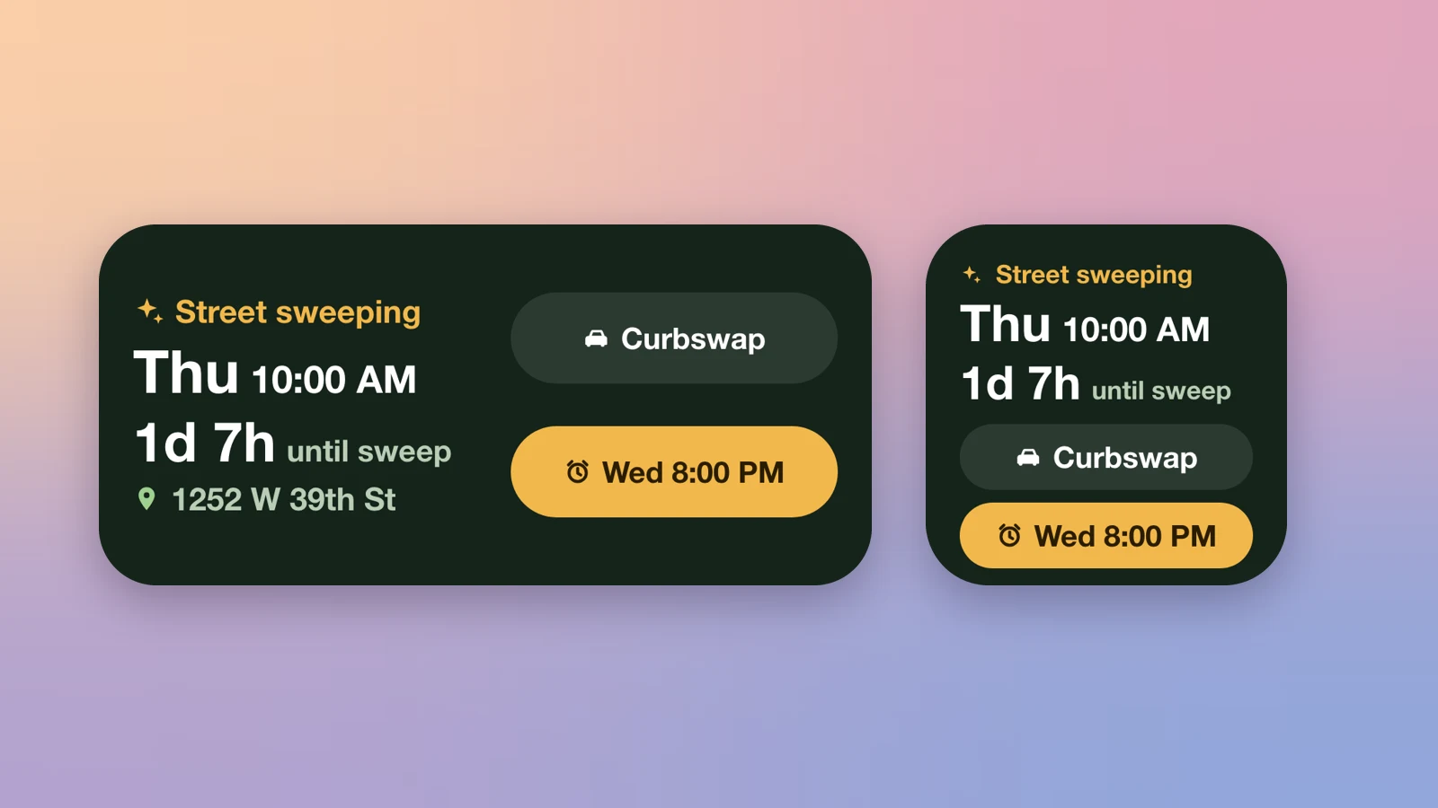 Curbswap iPhone widgets showing the next street sweep, a countdown and a Set alarm button