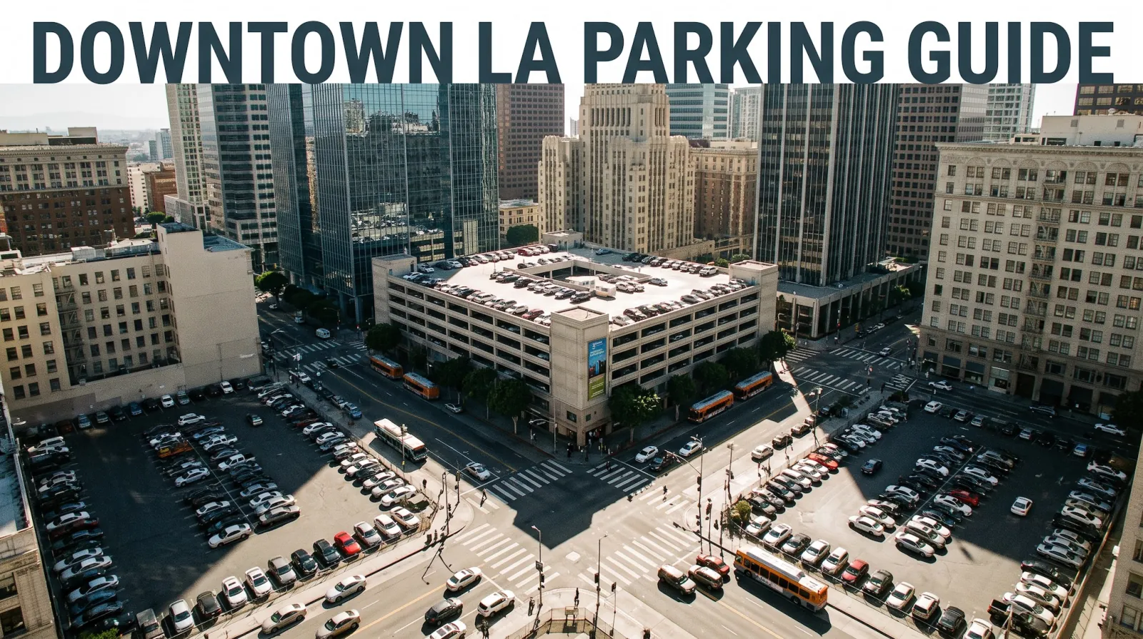 A Downtown Los Angeles street with high-rises and metered parking