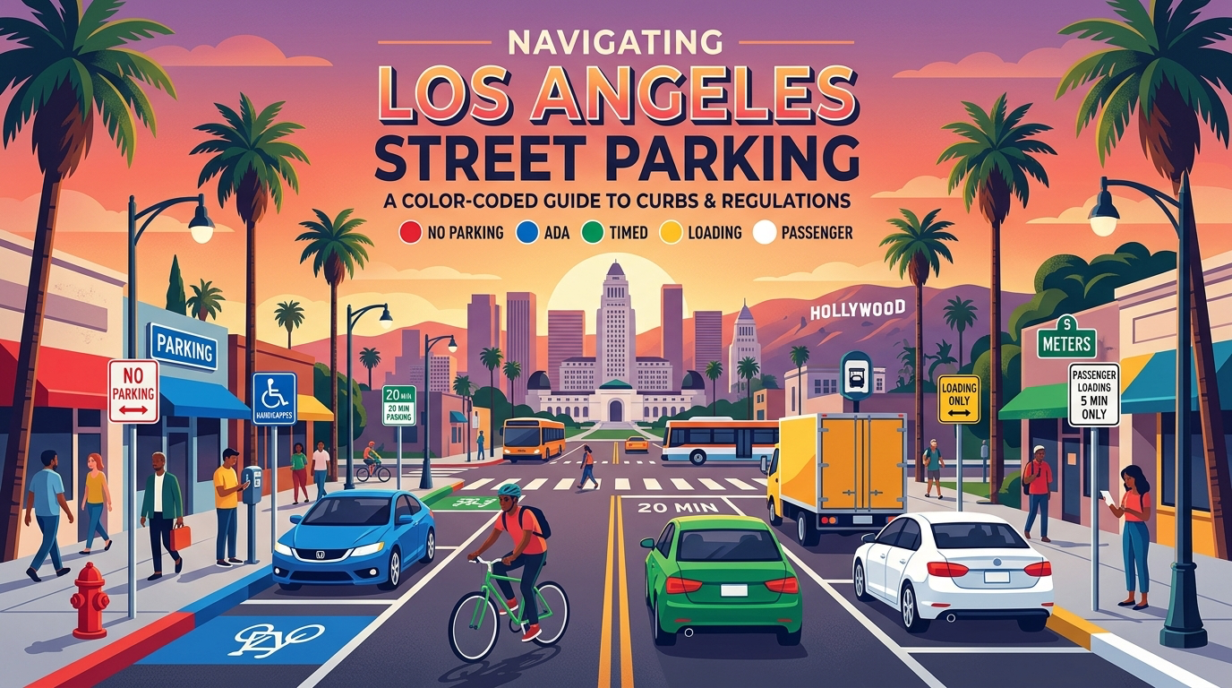 Five colors, five rules. Red means no stopping or parking, ever, no exceptions for a quick errand. Yellow is commercial loading only, with hours set locally. White is a short passenger drop-off or pickup, also on local hours. Green is time-limited parking, with the limit posted at the curb. Blue is reserved for vehicles with a valid disabled placard or plate. Get the color right and you're fine. Guess and you're not.