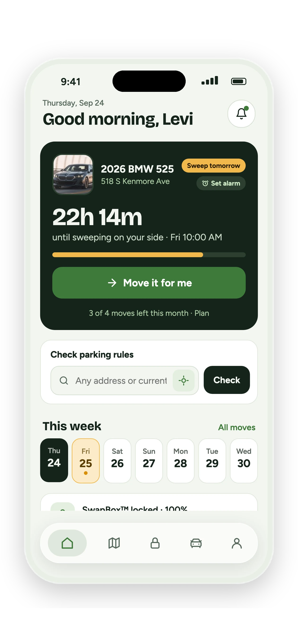 The Curbswap app home screen: a sweep countdown for your car and one-tap Curbswap button