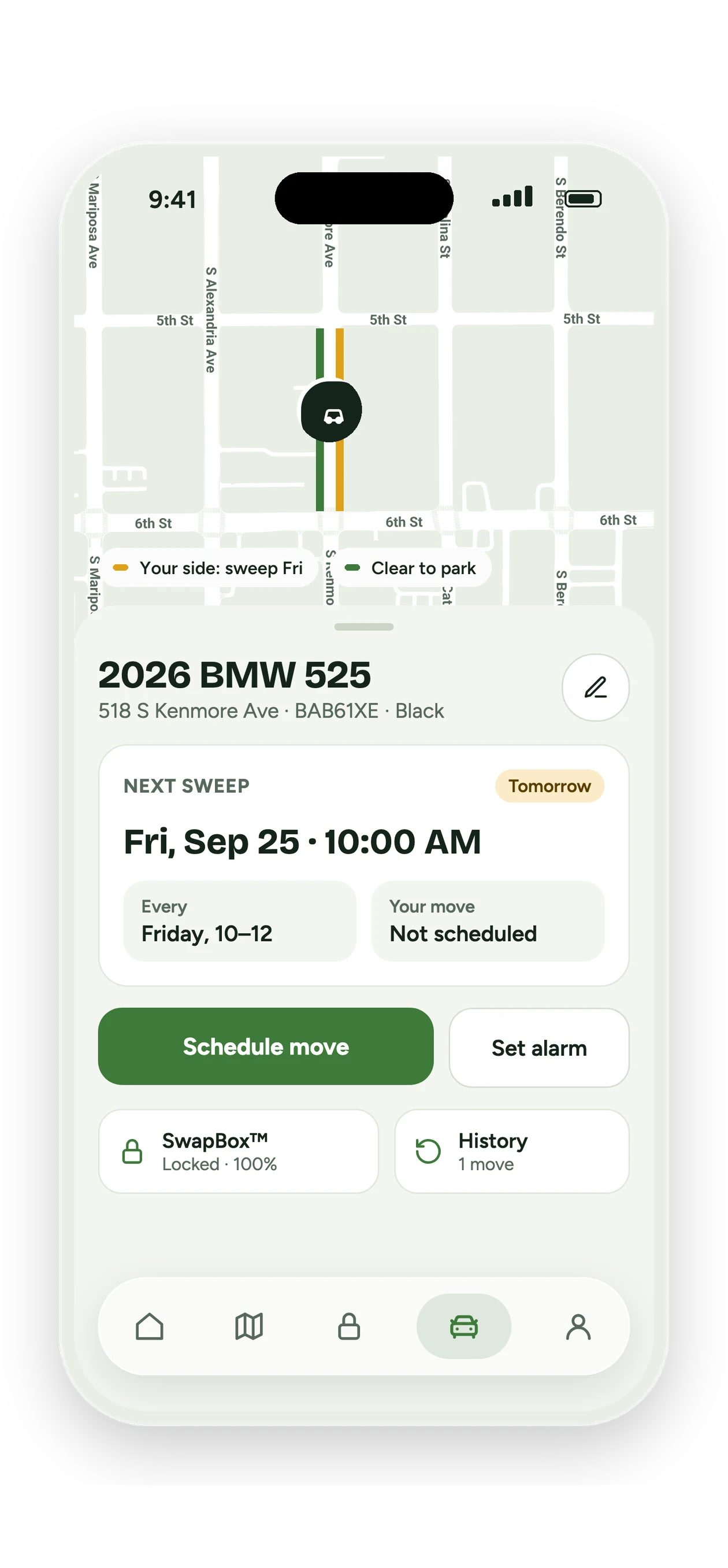 Your car on the Curbswap map, with your side of the street and its next sweep