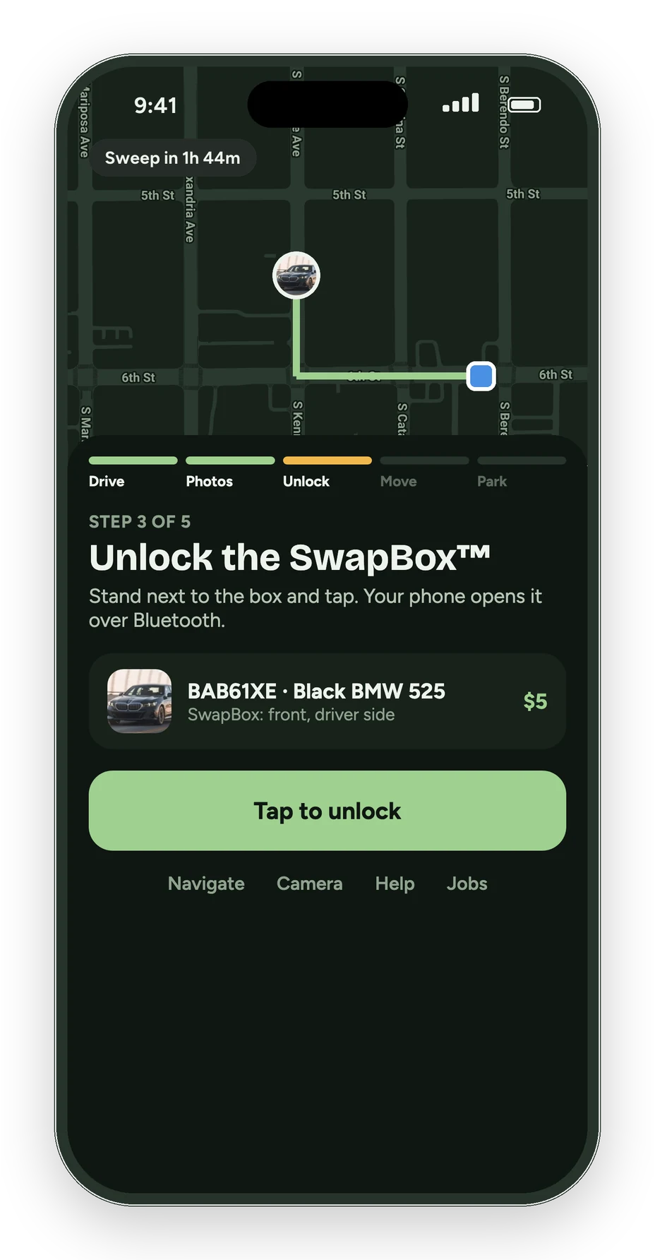 The Curbswap driver app at your car: step 3 of 5, Unlock the SwapBox™ — tap to unlock over Bluetooth
